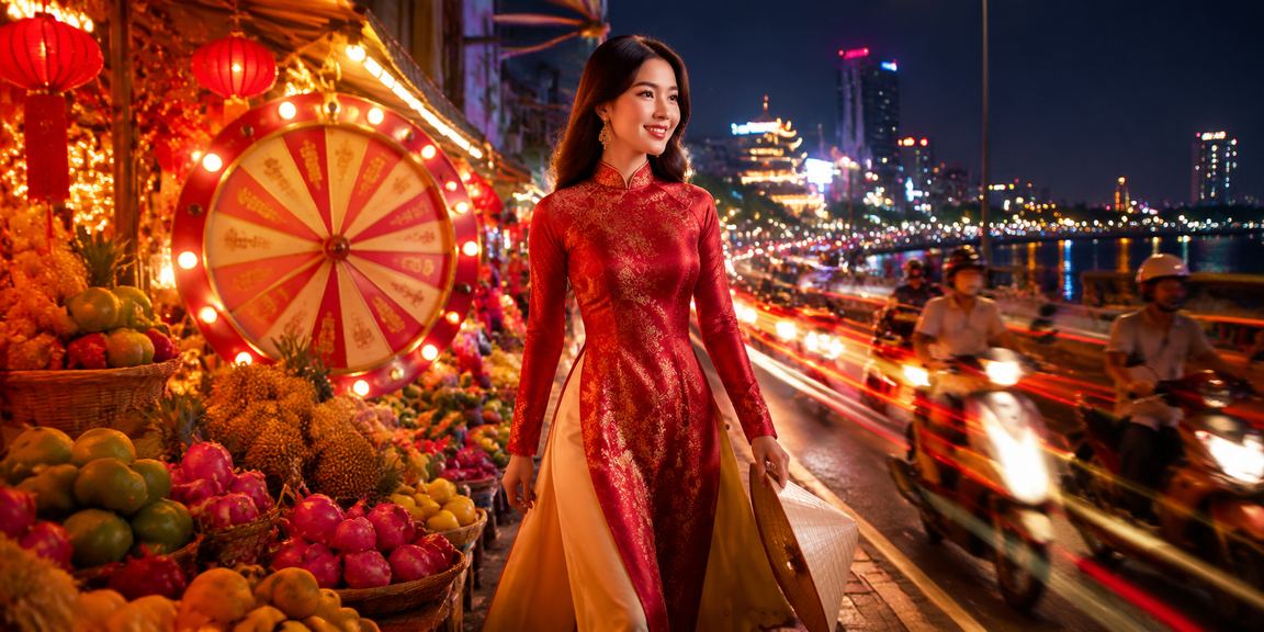 Quầy bốc thăm may mắn tại chợ đêm vùng Mekong, đèn màu rực rỡ và đông người tham dự